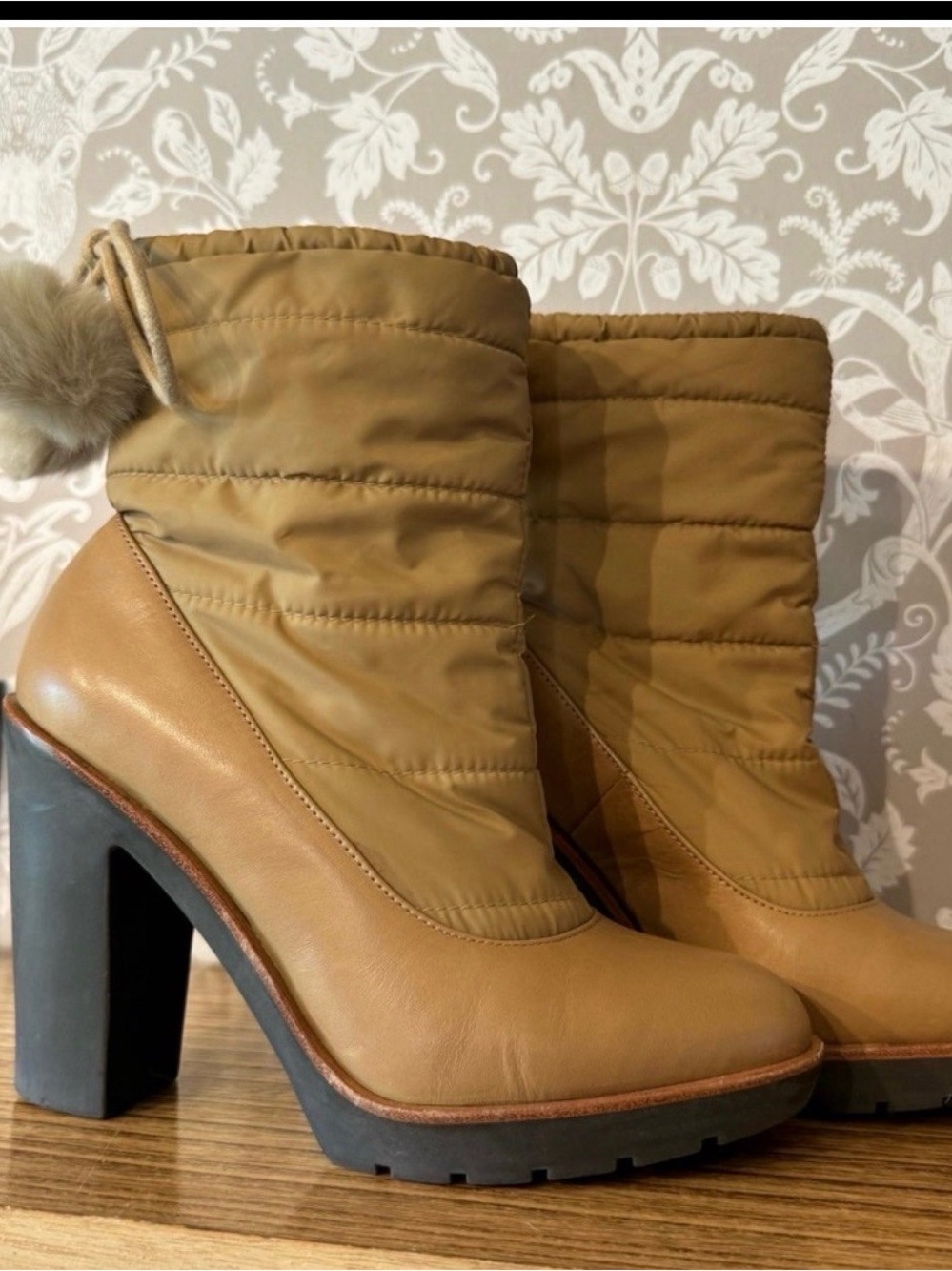 kate spade Quilted Tan Platform Ankle Boots with Faux Fur Pom NWOT